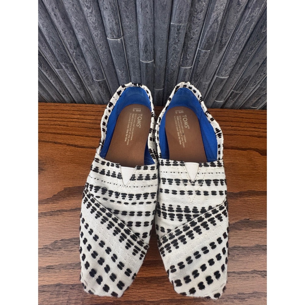 TOMS Alpargata Womens 6.5 Black White Geometric Dash Print Canvas Slip On Shoes